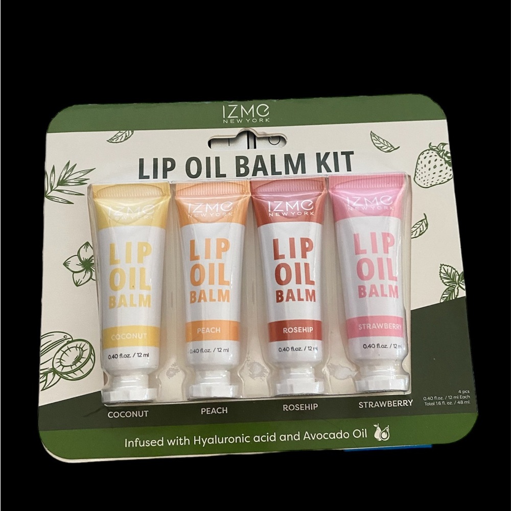 New IZME Lip Oil Balm Kit 0.40oz 4pcs Coconut, Peach, Rosehip, and Strawberry